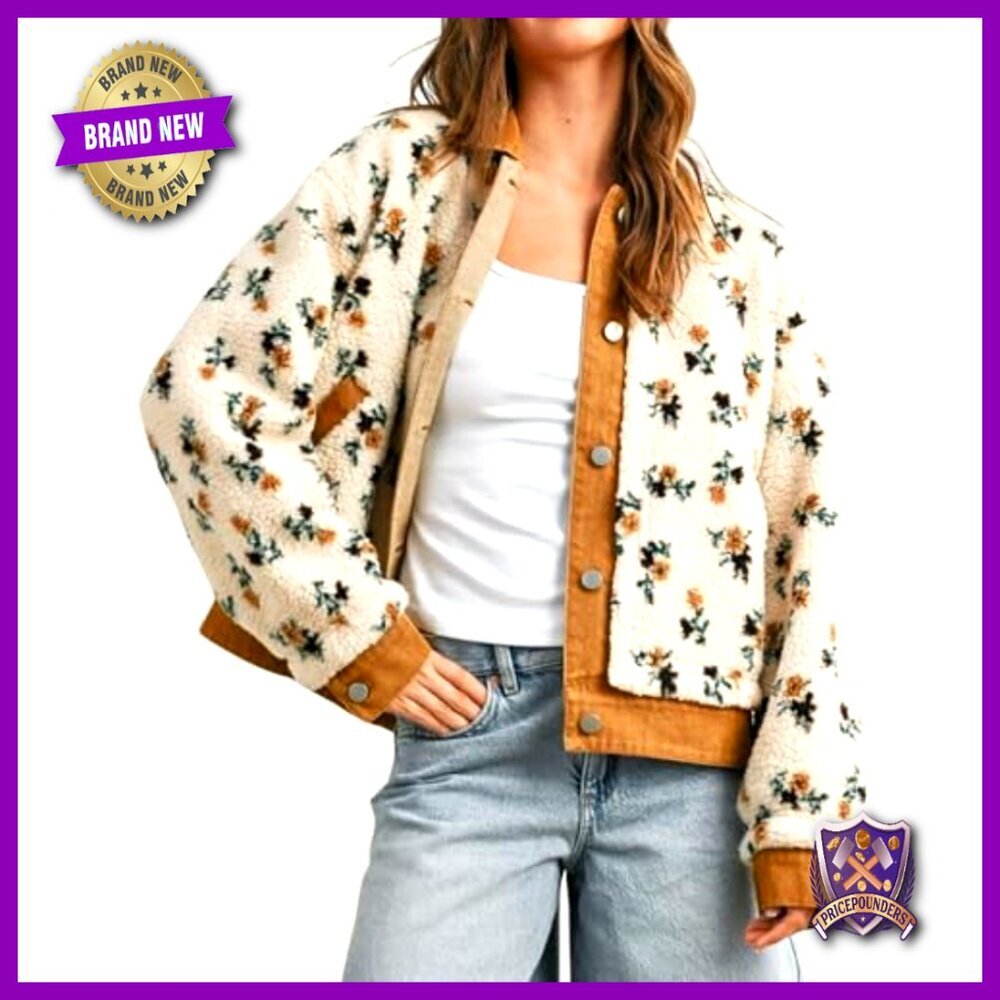 Oversized Sherpa Fleece Jacket Denim Collar Floral Print Button Front Pockets - Picture 2 of 7